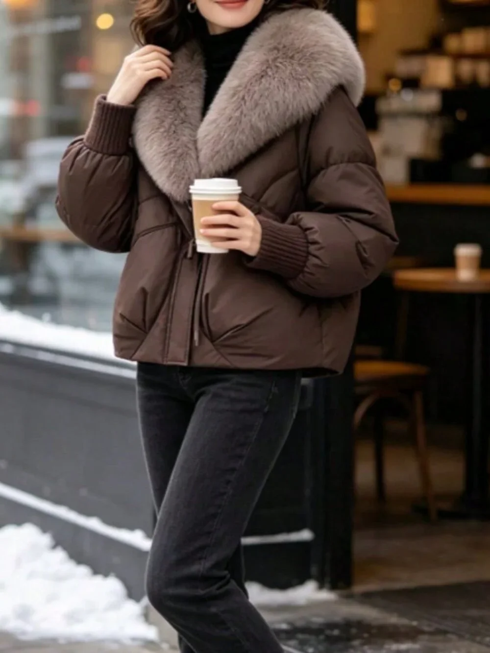 Brown Casual Women's Short Loose Thick Cotton-Padded Jacket